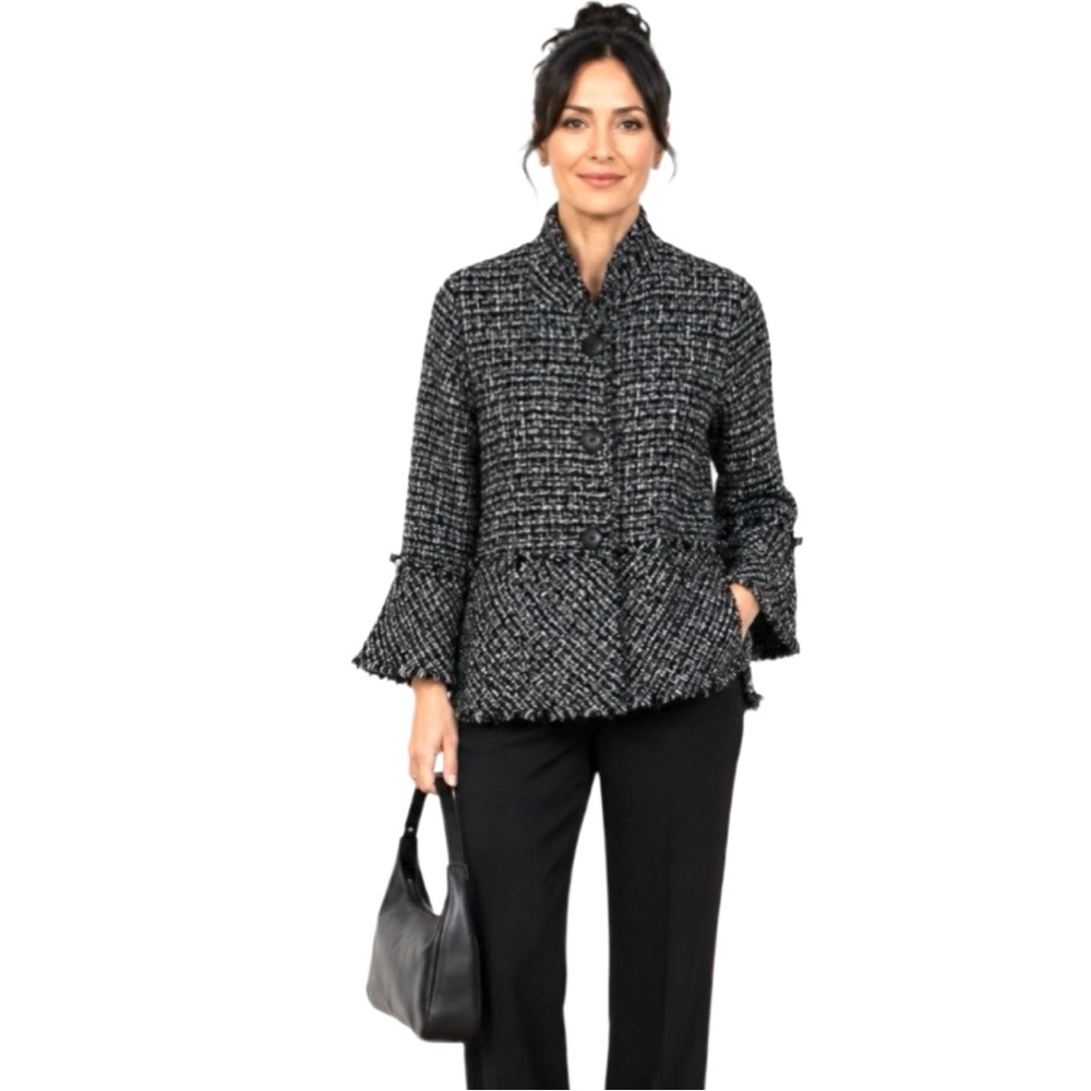 DAMEE, Inc Black Tweed Peplum Jacket Wired Mandarin Collar Medium Petite Fringe